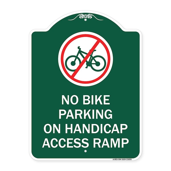 Signmission No Bike Parking on Handicap Access Ramp, Green & White Aluminum Sign, 18" x 24", GW-1824-23855 A-DES-GW-1824-23855 - main